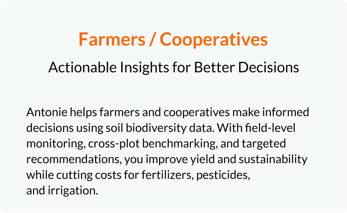 Supporting farmers with soil biodiversity data to improve yield, sustainability, and reduce farming costs.