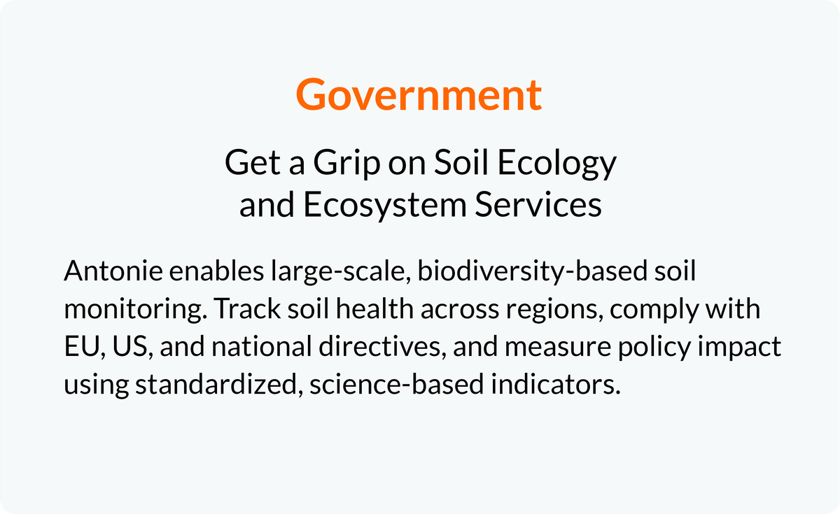 Helping governments track regional soil health with scalable biodiversity monitoring and policy impact metrics.