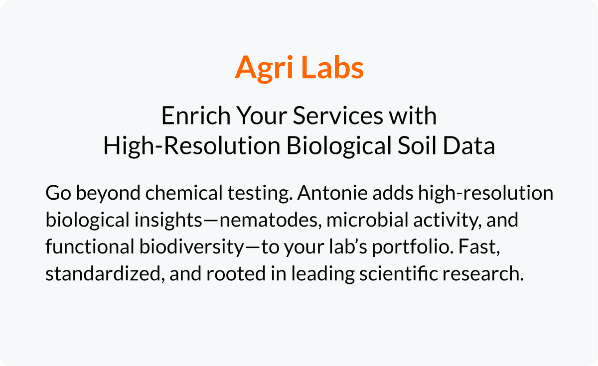 Helping agri labs enhance their services with fast, standardized biological soil data like nematodes and microbes.