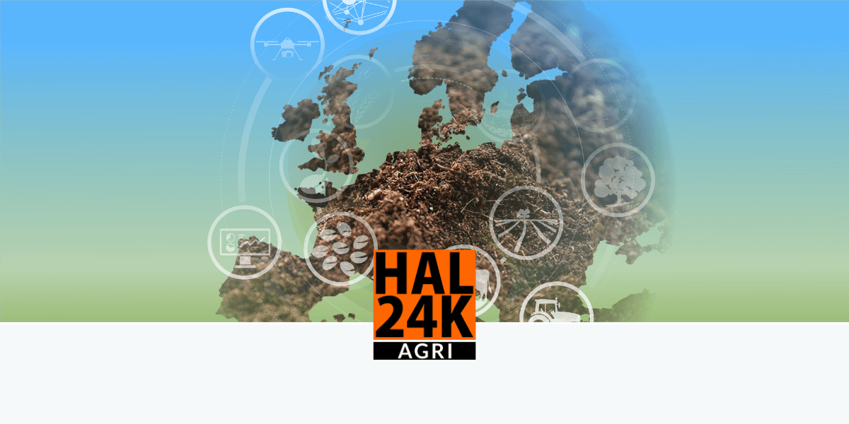 Beeld van Europa gemaakt van aarde met agrotechnologie-iconen en het HAL24K Agri-logo, dat bodemmonitoring in de EU voorstelt