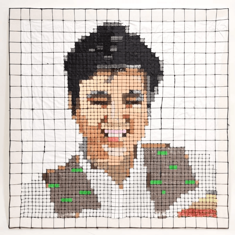 "Josee of UpcyCraft" Self-Portrait.   Found Materials: shower curtain, plastic bags, fabric swatches, wall paper