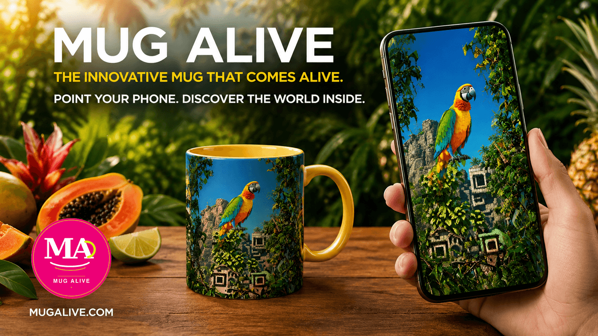Mug Alive revealing a colourful parrot animation on a smartphone