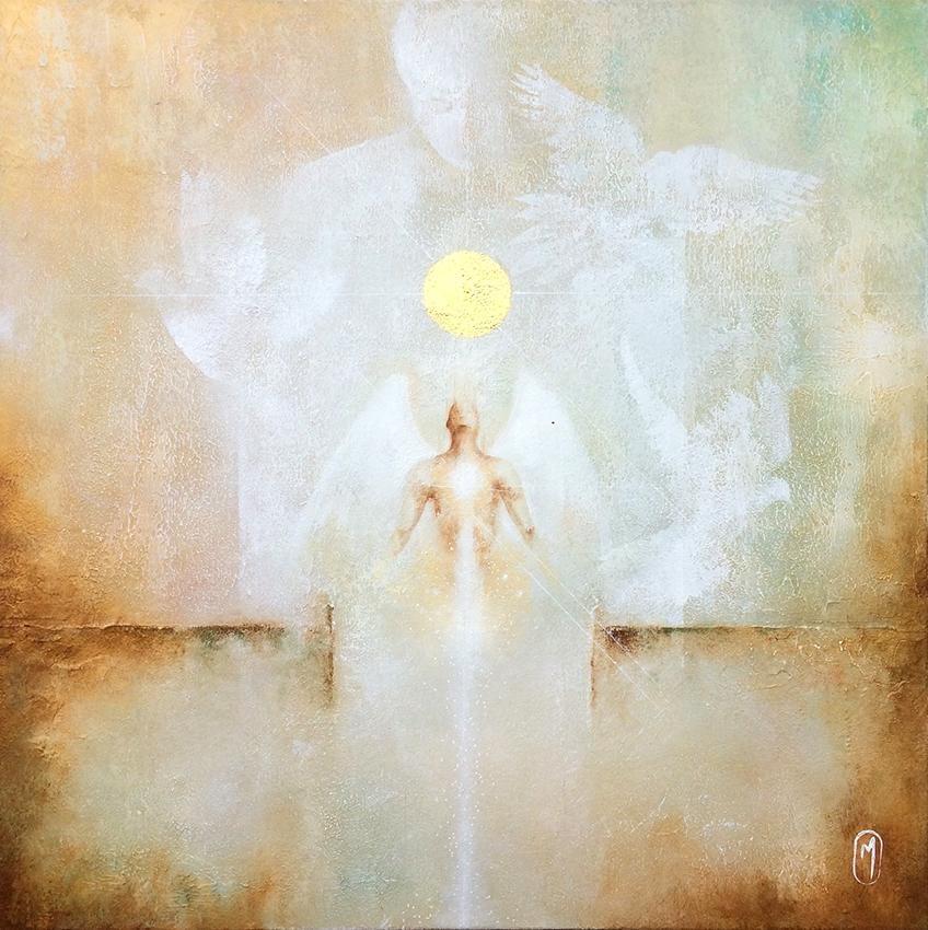 Peinture d'un homme avec des ailes. Son énergie intérieure est si forte qu'il s'élève dans l'air