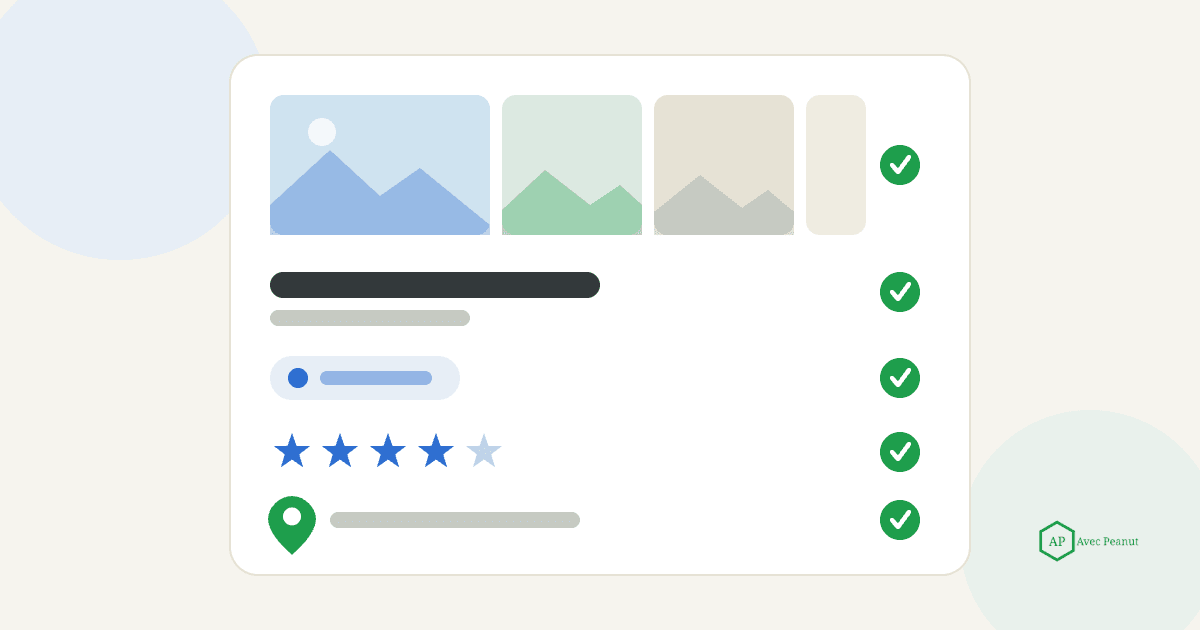 A stylized, fully optimized Google Business Profile card with green checkmarks on each section