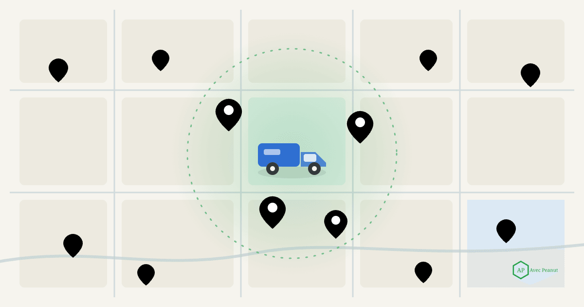 A home service van on a stylized Google Maps grid with some pins lit and others greyed out A home service van on a stylized Google Maps grid with some pins lit and others greyed out