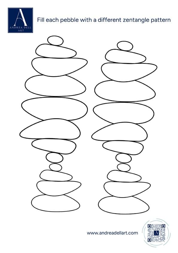 Pebble Zentangle is a mindfulness art practice where you fill in the outlines of a pebble shape with different Zentangle patterns