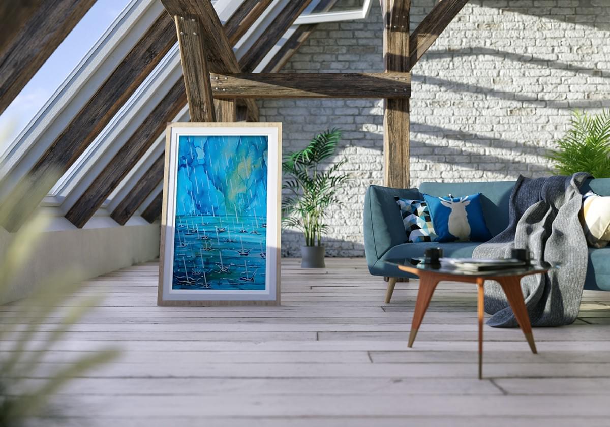 Modern coastal abstract art 'The Sea Remembers the Rain' by Andrea Dell’Art with layered aqua and soft blue hues, perfect for serene living room wall art and coastal modern styling