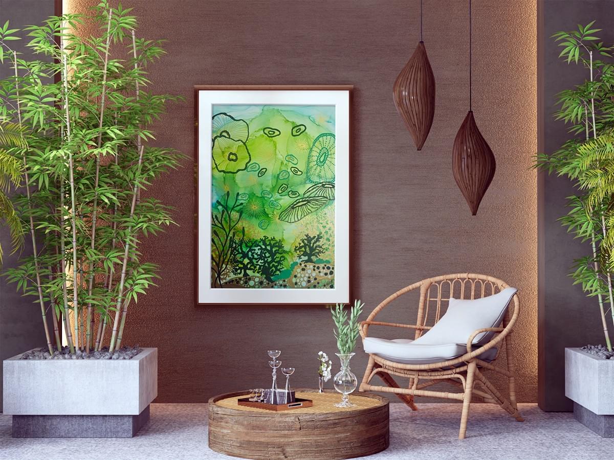 Abstract nature-inspired painting 'Emerald Reef' by Andrea Dell’Art featuring organic textures and deep emerald green tones, ideal for Biophilic interior design and wellness-focused home decor