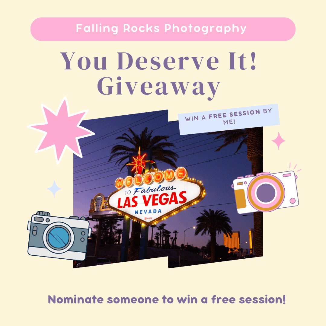 Las Vegas monthly photography giveaway announcement graphic detailing free 30-minute session rules and eligibility through Falling Rocks Photography.