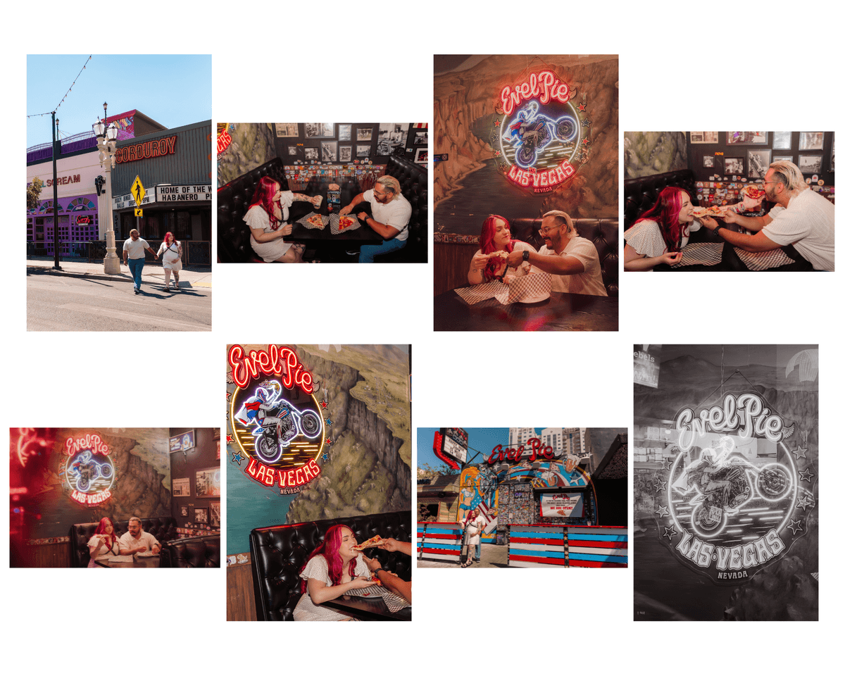 Creative maternity phtoos at Evil Pie Pizzeria on Fremont Street. Collage of couple photos.