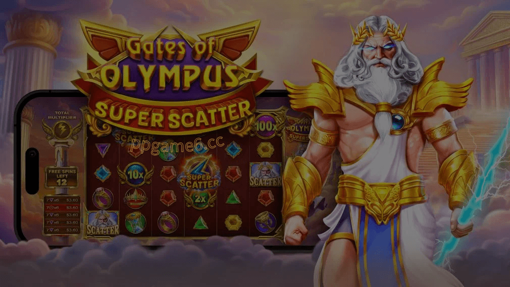 PP电子奥林匹斯之门超神力游戏封面，宙斯释放雷电，希腊神话主题高爆发老虎机