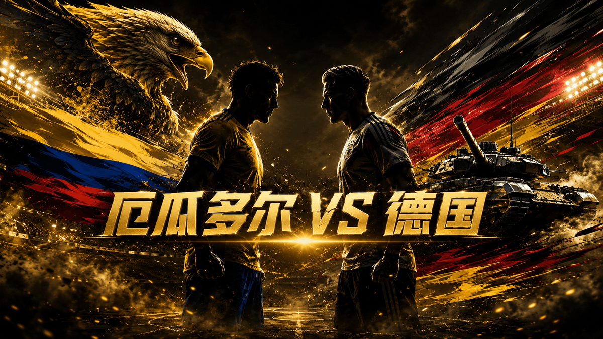 熊猫体育世界杯前瞻：厄瓜多尔 VS 德国小组赛对战配图，展示带重型坦克装甲元素、黑金碎石特效背景的两队世界杯官方概念海报