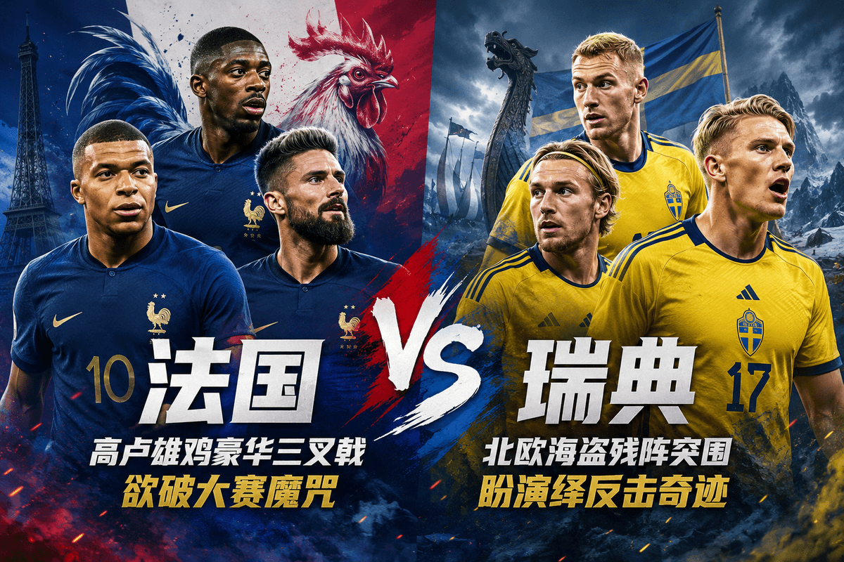 熊猫体育世界杯前瞻：法国 VS 瑞典淘汰赛对战配图，展示高卢雄鸡豪华三叉戟欲破大赛魔咒与北欧海盗残阵突围盼演绎反击奇迹标语、两队王牌球星在战火特效背景下交锋的官方海报