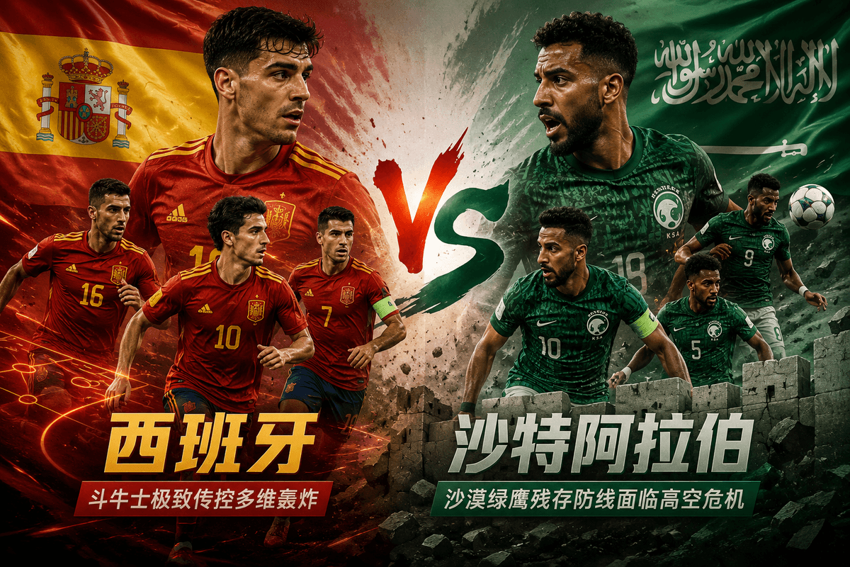 熊猫体育世界杯前瞻：西班牙 VS 沙特小组赛对战配图，展示带极致传控多维轰炸标语、两队核心巨星在战火特效背景下对决的官方世界杯海报