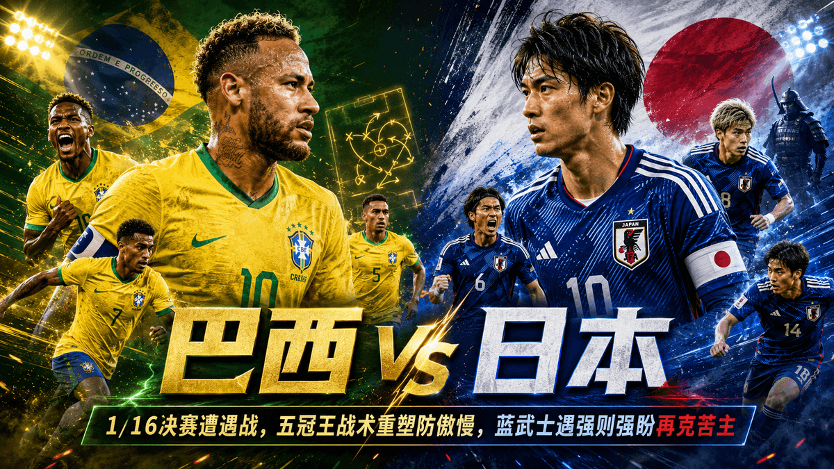 熊猫体育世界杯前瞻：巴西 VS 日本淘汰赛对战配图，展示五冠王重塑防傲慢与蓝武士遇强则强标语、两队球星在战火特效背景下交锋的官方海报
