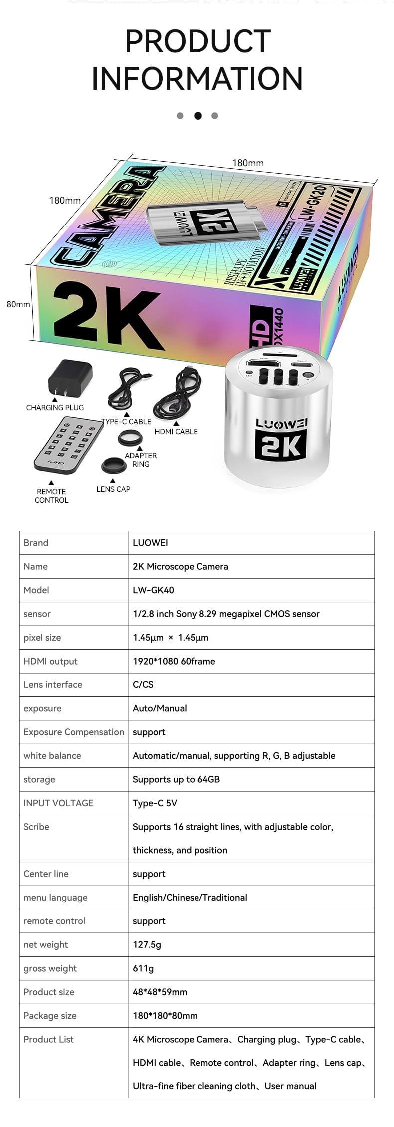 LUOWEI LW-GK20 Microscope camera 2K Industrial Video digital Microscope Camera Big Visual Field For 
