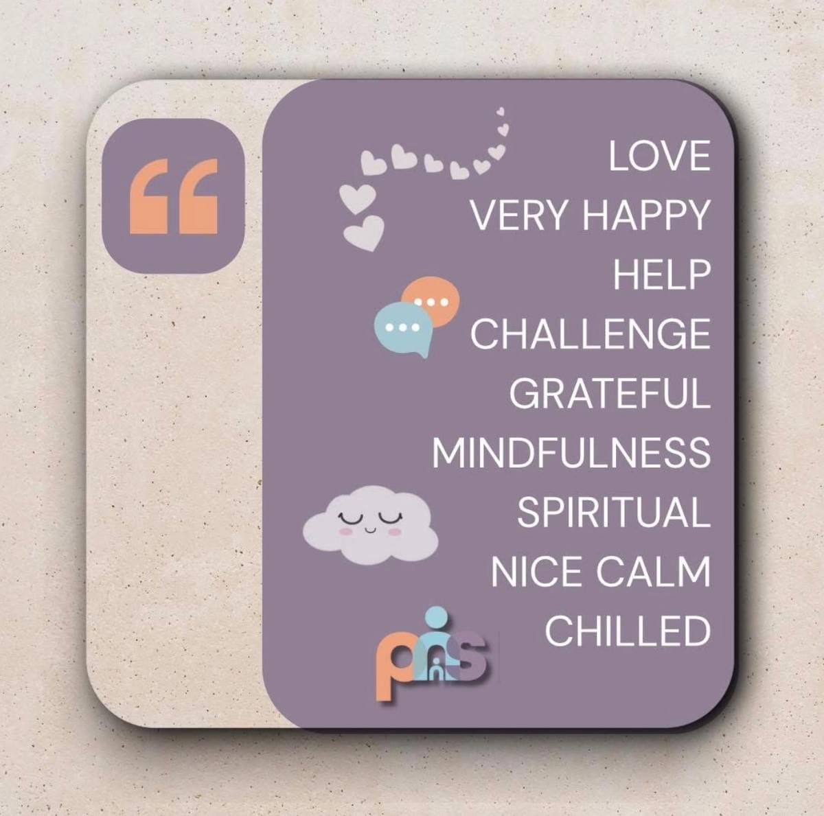 Purple graphic with wellbeing words including love, very happy, help, challenge, grateful, mindfulness, spiritual, calm, and chilled, with simple icons like hearts and a cloud