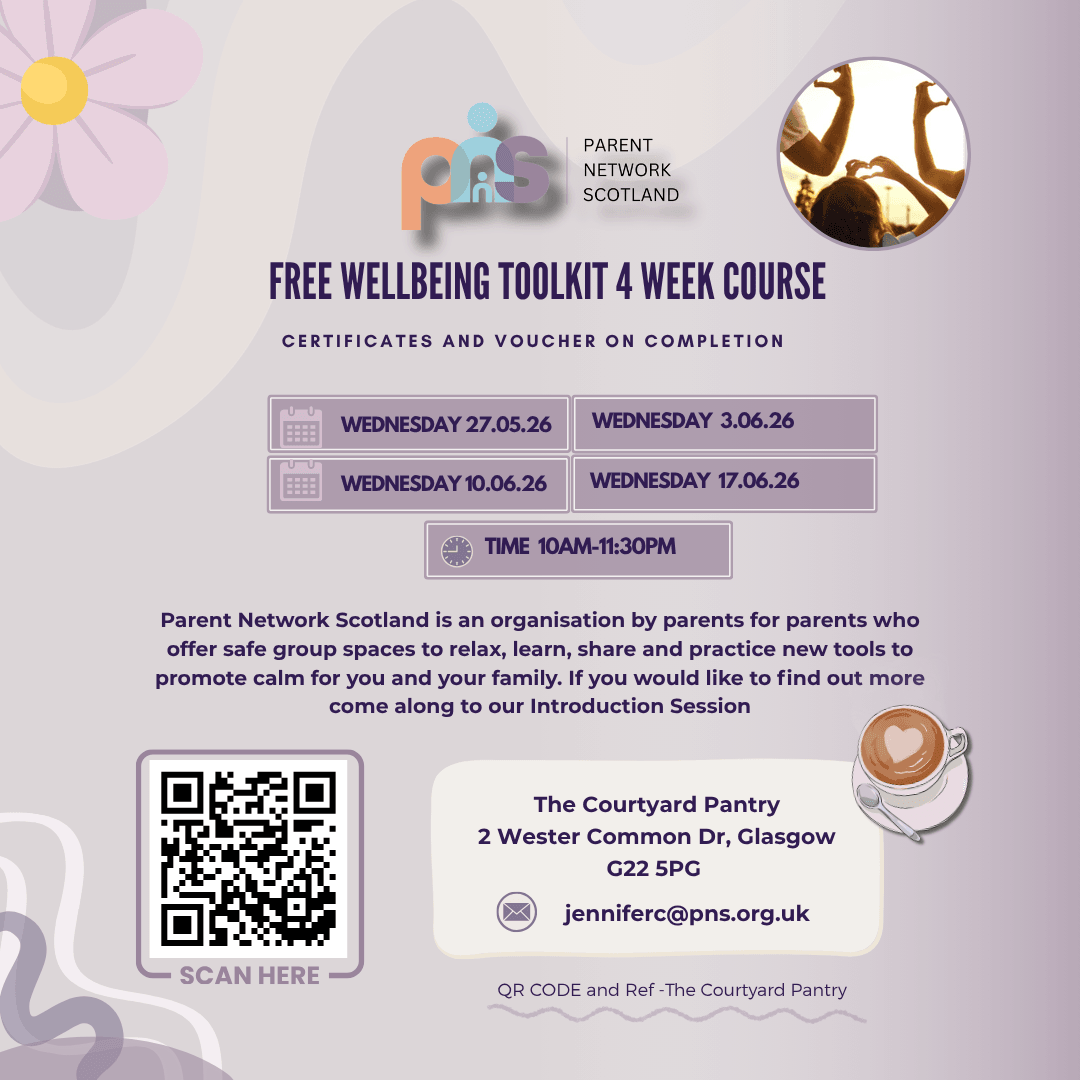 Poster for free 4-week family wellbeing course in Glasgow by Parent Network Scotland with dates, times and venue details