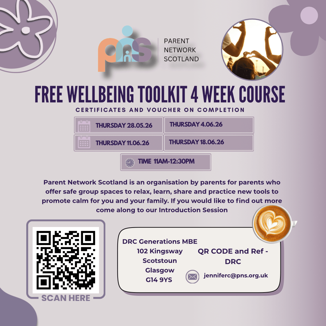 Poster for free 4-week family wellbeing course in Glasgow by Parent Network Scotland with dates, times and venue details