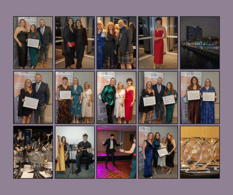 A collage of event photographs showing groups of people dressed in formal attire at an awards ceremony. Several images feature attendees posing with certificates in front of a branded backdrop. Others show small groups smiling for photos, a person in a red dress standing alone, and a nighttime cityscape with colorful lights reflecting on the water. Additional images include table settings with drinks, two musicians playing harp and guitar, people dancing on a parquet floor, and a close-up of a crystal award engraved with the event logo.