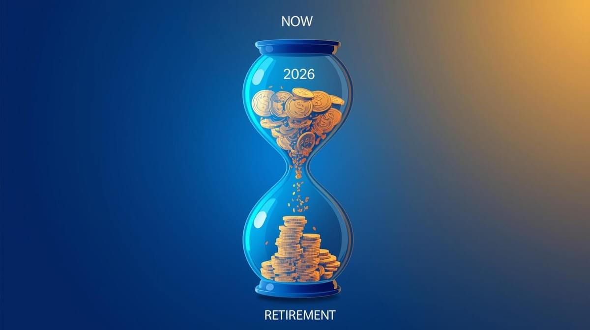 2026年至65歲退休的數位沙漏概念圖，沙子由港元硬幣組成，象徵時間流逝與退休儲蓄的關係，突顯醫療開支壓力。 GiveYouAnswer.com  94779996