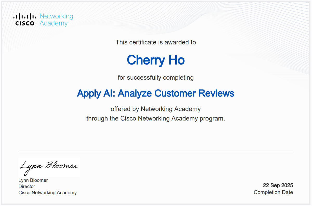 Ho Lai Tan Cherry, Cherry Ho, Apply AI Analyze Customer Reviews, 94779996