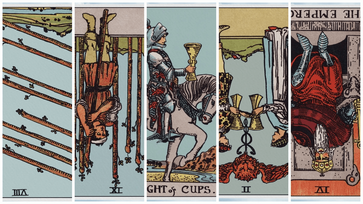 A collage of 5 cards. 8 of wands reversed – eight staffs flying together at a diagonal, 9 of wands reversed – A weary man with his injured head wrapped using a staff for support surrounded by upright staffs, Knight of Cups – An armored knight on a pale horse holding a cup, 2 of cups reversed – a couple holding cups with a caduceus above with a lion head, The Emperor Reversed – an armored ruler sitting on a stone throne wearing red robes over the armor and holding an ankh scepter