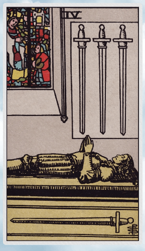 A person, likely a knight, as indicated by the swords, lies in repose in a tomb.  There are three swords above him and one below as part of the coffin.  There is a stained-glass picture on the wall that appears to depict a supplicant receiving a blessing from a religious figure.