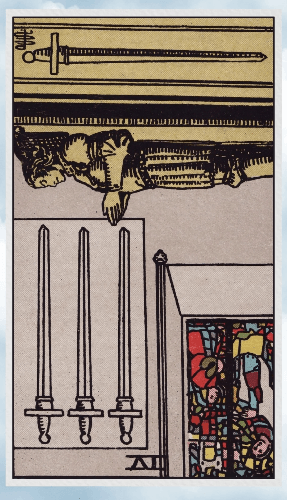 an upside down card of a tomb with a sculpture on the lid of a man resting in repose.  There are three swords on the wall next to a stained glass window.