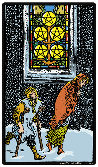 Two figures wearing rags walk, shivering through the snow.  One uses crutches.  They are worn out and fail to notice a huge, warm, inviting stained-glass windowpane.  The pane depicts a fortress or castle gate with five pentacles shaped like an anchor surrounded by vines and roses.