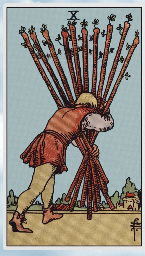 A man struggles walking with 10 branches