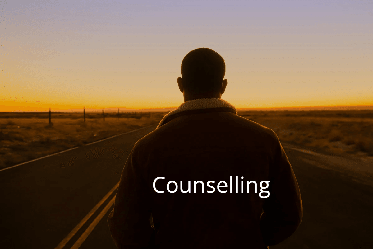 A person in a brown shearling‑collared jacket stands on an empty road at sunset, facing away from the camera. The sky glows with warm orange and purple tones over a sparse desert landscape.