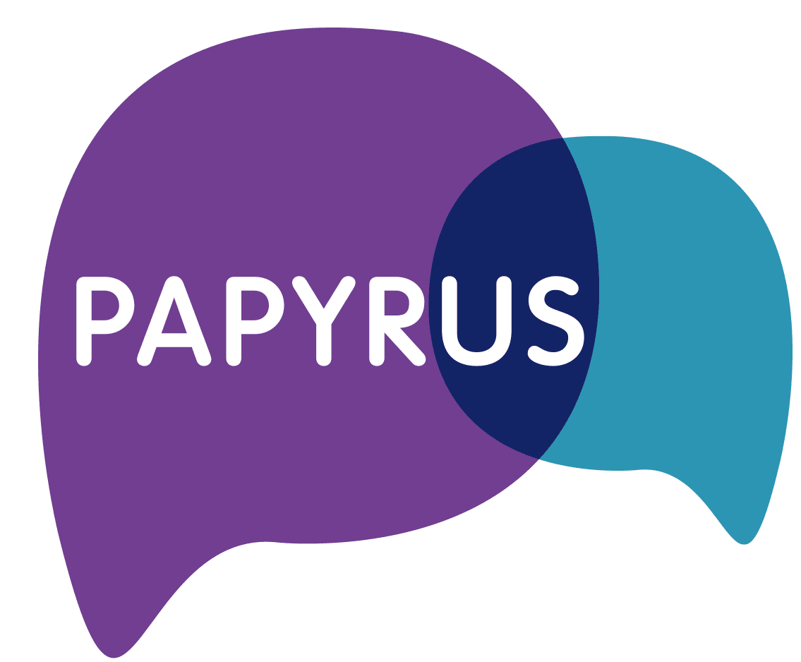    A logo composed of two overlapping speech bubbles. The left bubble is purple and contains the word “PAPYRUS” in bold white uppercase letters. The right bubble is blue and partially overlaps the purple one, creating a layered effect that suggests dialogue or connection. The design is clean and modern, using contrasting colors to emphasize visibility and engagement. The overlapping speech bubbles evoke themes of communication, support, and openness—likely reflecting the mission of PAPYRUS, a UK charity focused on suicide prevention and mental health awareness.