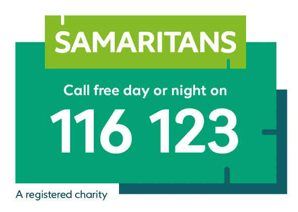    A promotional graphic for Samaritans, a UK-based charity offering emotional support. The design features a green and teal color scheme with bold white text that reads: “SAMARITANS. Call free day or night on 116 123.” A hashtag, “#wedcharity,” appears below the contact number. The layout is clean and direct, emphasizing accessibility and urgency. The image conveys a message of availability and care, encouraging individuals in emotional distress to reach out for support at any time. It reflects themes of compassion, mental health advocacy, and the importance of 24/7 crisis intervention.