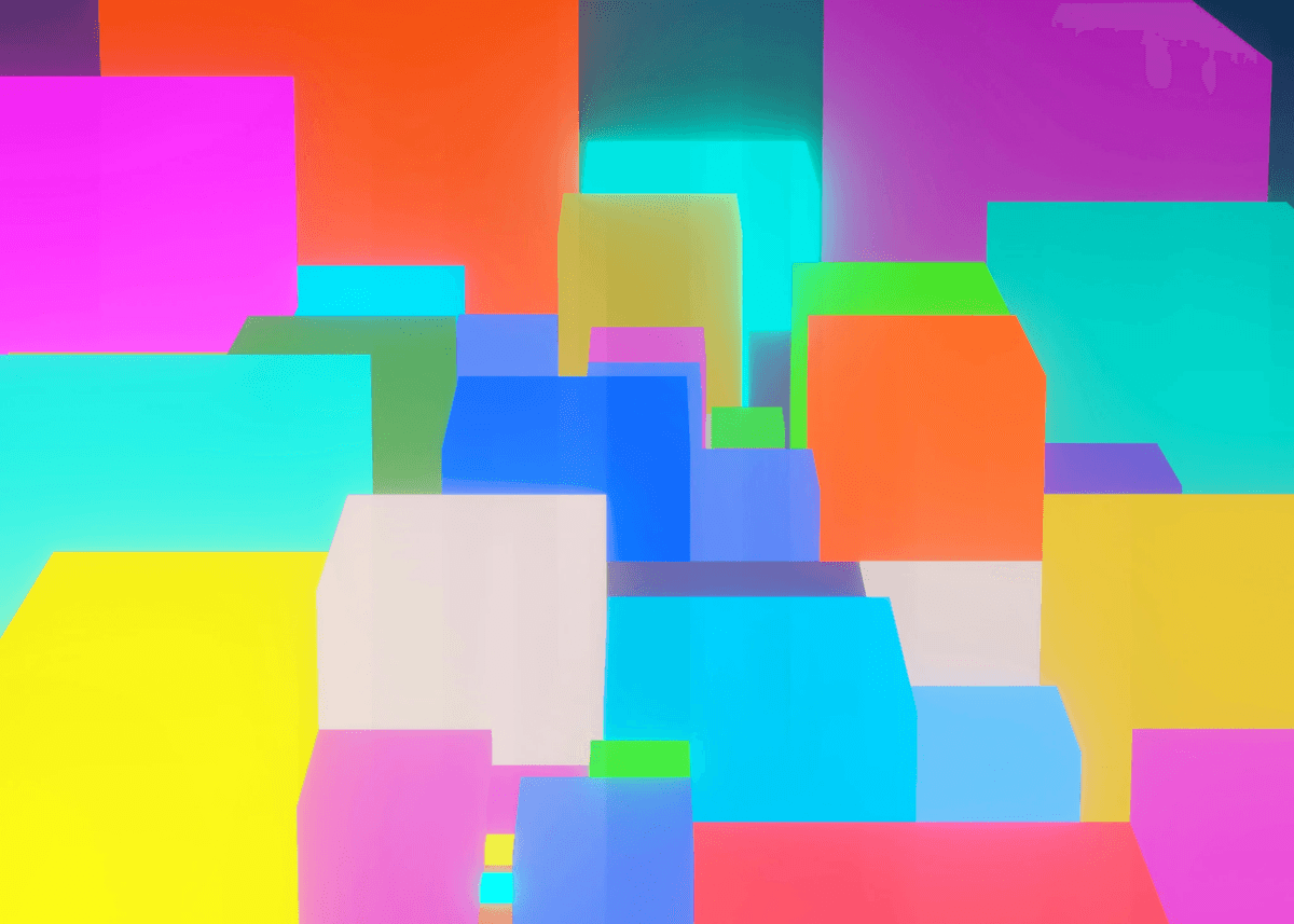 A collection of brightly coloured rectangular and cubic shapes layered together, creating a vibrant abstract 3D pattern.
