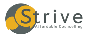 Logo for Strive Affordable Counselling. The design features the word “Strive” in a clean, modern sans-serif font, with the initial “S” stylized inside a circular emblem. The circle is split diagonally: the upper half is a warm yellow, evoking optimism and hope, while the lower half is a deep charcoal grey, suggesting stability and depth. The stylized “S” is white, standing out clearly against both halves of the circle. Beneath “Strive,” the tagline “Affordable Counselling” appears in smaller, grey text, reinforcing the service’s commitment to accessible mental health support. The overall aesthetic is professional yet welcoming, balancing clarity with emotional warmth