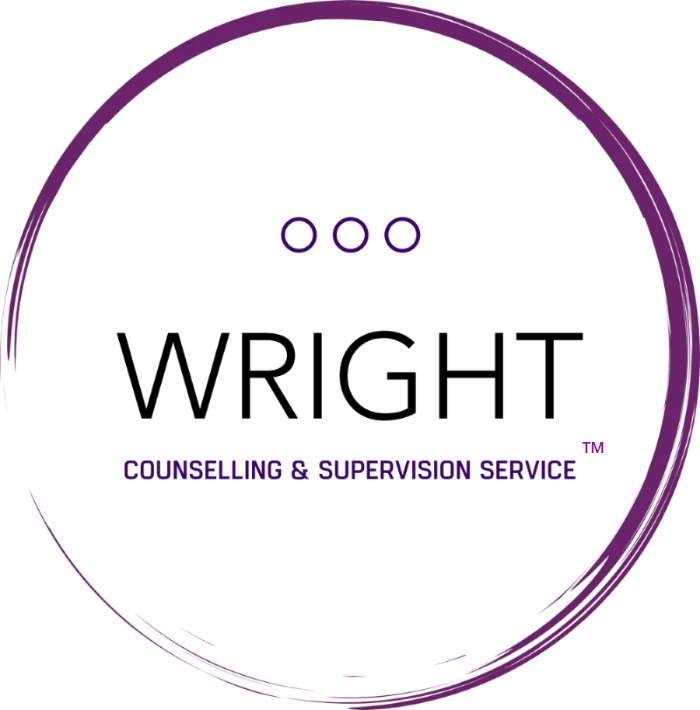 Wright Counselling and Supervision Service - A logo design featuring a circular arrangement of overlapping purple arcs, forming a dynamic, layered ring. Near the top center of the circle are three small purple dots aligned horizontally, adding visual balance. Inside the circle, the word “WRIGHT” is prominently displayed in bold, uppercase black letters. Beneath it, the phrase “COUNSELING & SUPERVISION SERVICE” appears in smaller, uppercase purple text. The overall design conveys a modern and professional identity, with the circular motif suggesting wholeness, connection, and continuity—well-suited to a therapeutic or supervisory context