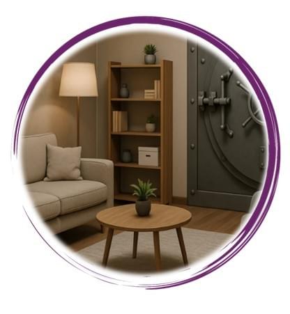 A modern living room is styled with warm, neutral tones and cozy furnishings, yet features an unexpected architectural element—a large, industrial vault door embedded in the wall. The room includes a beige upholstered sofa, a gray armchair, and a wooden coffee table topped with a small potted plant. A floor lamp stands beside the sofa, casting soft ambient light, while a wooden bookshelf filled with books and decorative items adds texture and personality to the space. The vault door is metallic, circular, and imposing, with visible bolts and a central locking mechanism, sharply contrasting with the domestic comfort of the room. Its presence introduces a surreal or symbolic layer, suggesting themes of hidden value, protection, or psychological depth within a home environment. The overall composition blends security and serenity, creating a visually arresting and thought-provoking interior