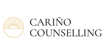   A logo for Cariño Counselling, featuring a minimalist circular graphic in light beige. Inside the circle, a stylized sun rises or sets over a horizon, evoking warmth, renewal, and guidance. To the right of the graphic, the name “CARIÑO COUNSELLING” is displayed in uppercase serif font, with “CARIÑO” including a tilde over the “N,” suggesting Spanish linguistic roots and an affectionate tone. The overall design is elegant and calming, symbolizing hope, emotional care, and culturally attuned therapeutic support.