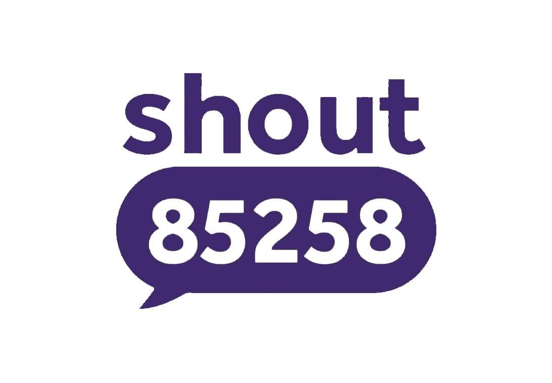 A logo featuring the word “shout” in lowercase white letters inside a purple speech bubble. Beneath the word, the number “85258” is displayed in bold white text, also within the speech bubble. The design is simple and impactful, using high contrast and clean typography to ensure visibility. The speech bubble motif reinforces themes of communication and support. This logo represents the Shout 85258 service—a UK-based mental health crisis text line—emphasizing accessibility, confidentiality, and immediate help through text messaging