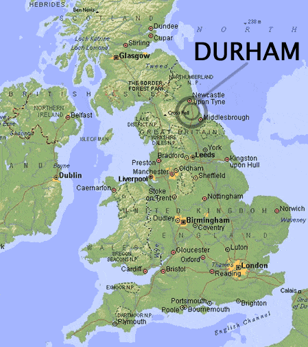 A map showing the distance between Nottinghamshire and Durham.  Map from justmaps.org