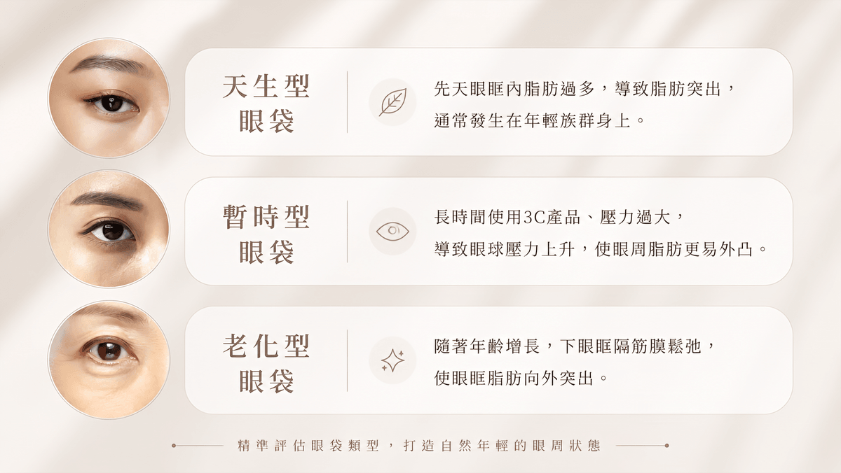 眼袋三種類型：天生型眼袋、暫時型眼袋、老化型眼袋