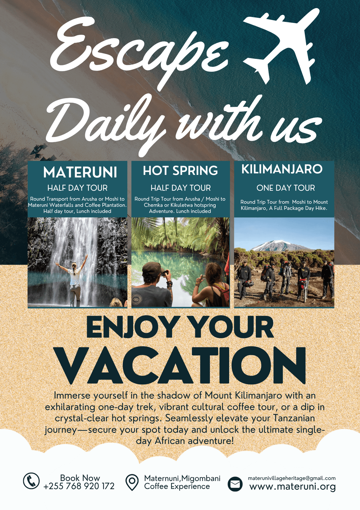 Join us for an immersive day trip combining scenic mountain treks, authentic coffee farming lessons, traditional brewing methods, and panoramic vistas of Kilimanjaro’s base, allowing you to connect deeply with the cultural heritage of the Chagga people.