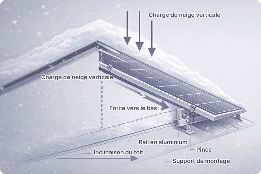 Schéma illustrant la transmission des charges de neige entre le panneau et la structure de support en conditions hivernales