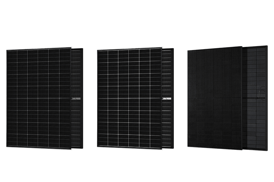 Transparente, schwarz gerahmte und vollschwarze 1/3-Cut-Module der Twisun-Pro-Serie, 430–460 W, bis zu 23,02 % Wirkungsgrad.