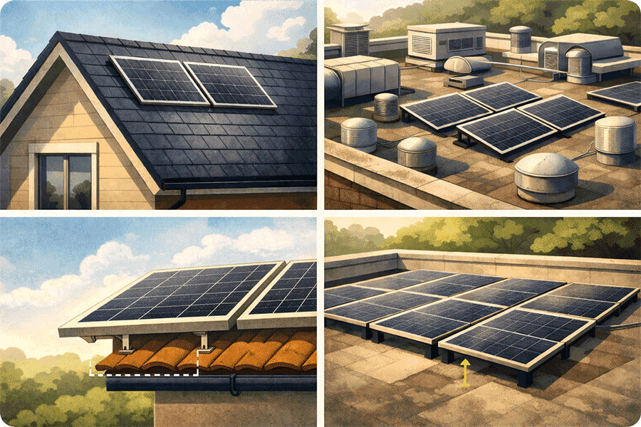 Ciemne dachy, montaż blisko połaci i ograniczona możliwość ułożenia modułów wyraźnie zmniejszają doświetlenie tylnej strony.