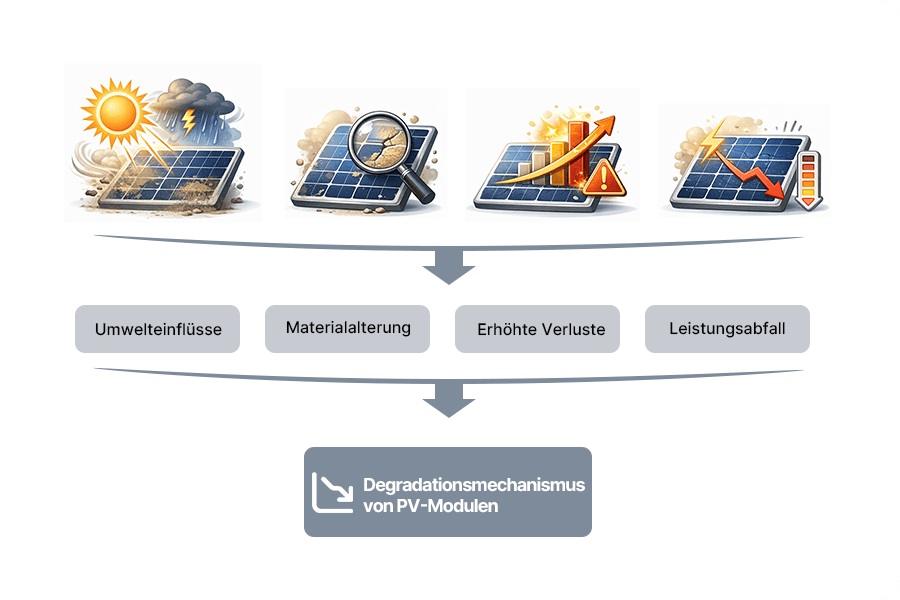 Schema zur Effizienzdegradation von Solarmodulen – zeigt, wie Umweltbelastungen, Materialalterung und steigende elektrische Verluste die Leistung von Solarmodulen im Laufe der Zeit reduzieren.