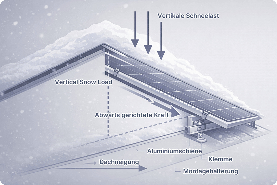Schematische Darstellung der Schneelastübertragung vom Modul zur Unterkonstruktion unter Winterbedingungen