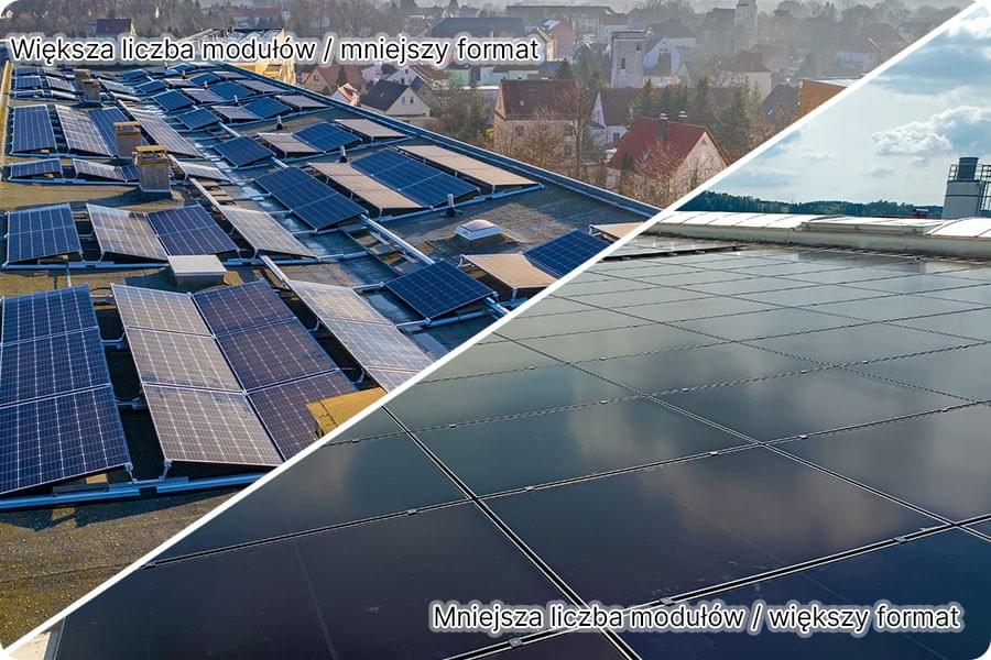 Schemat pokazujący wpływ liczby modułów i podziału arrayów na rozkład strat w dachowych systemach PV C&I