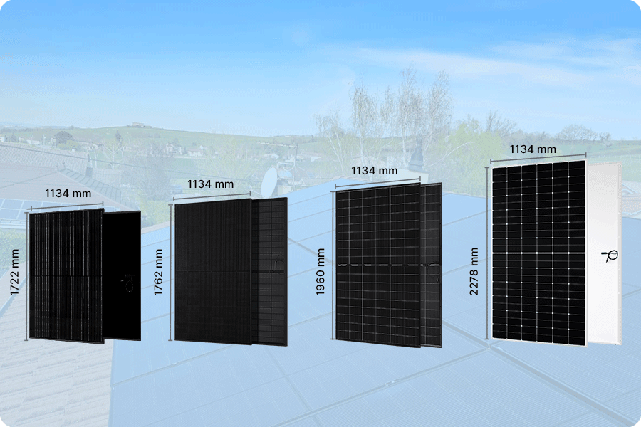 Vier typische Modulgrößen – 420 W, 450 W, 500 W und 600 W – jeweils geeignet für unterschiedliche Einsatzszenarien.